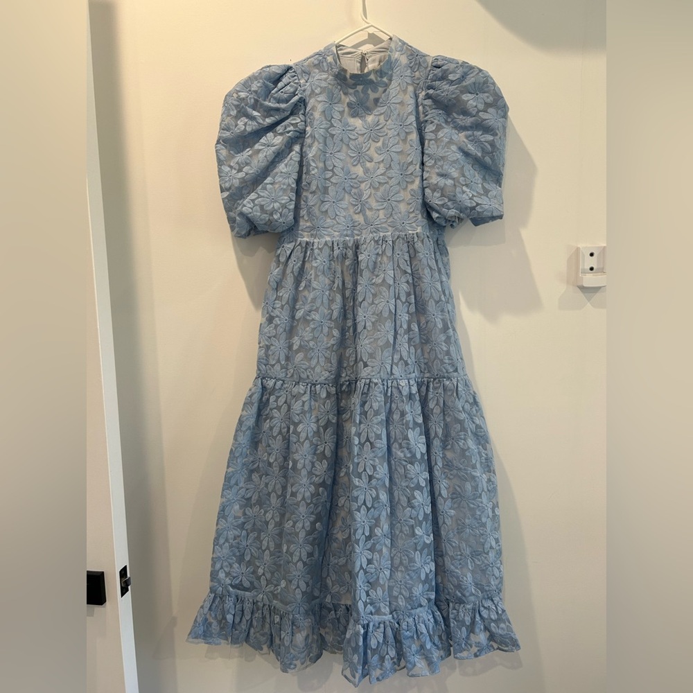 Sister Jane Sky Lily Puff Sleeve Floral Lace Midi Dress